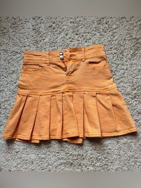 Pleated Denim Orange Mini Skirt with Double-Button Waist